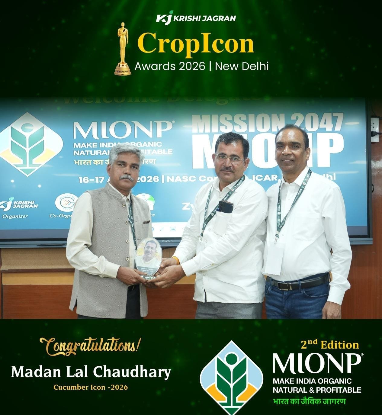 Madan Lal Chaudhary receiving the CropIcon Awards 2026 recognition in New Delhi
