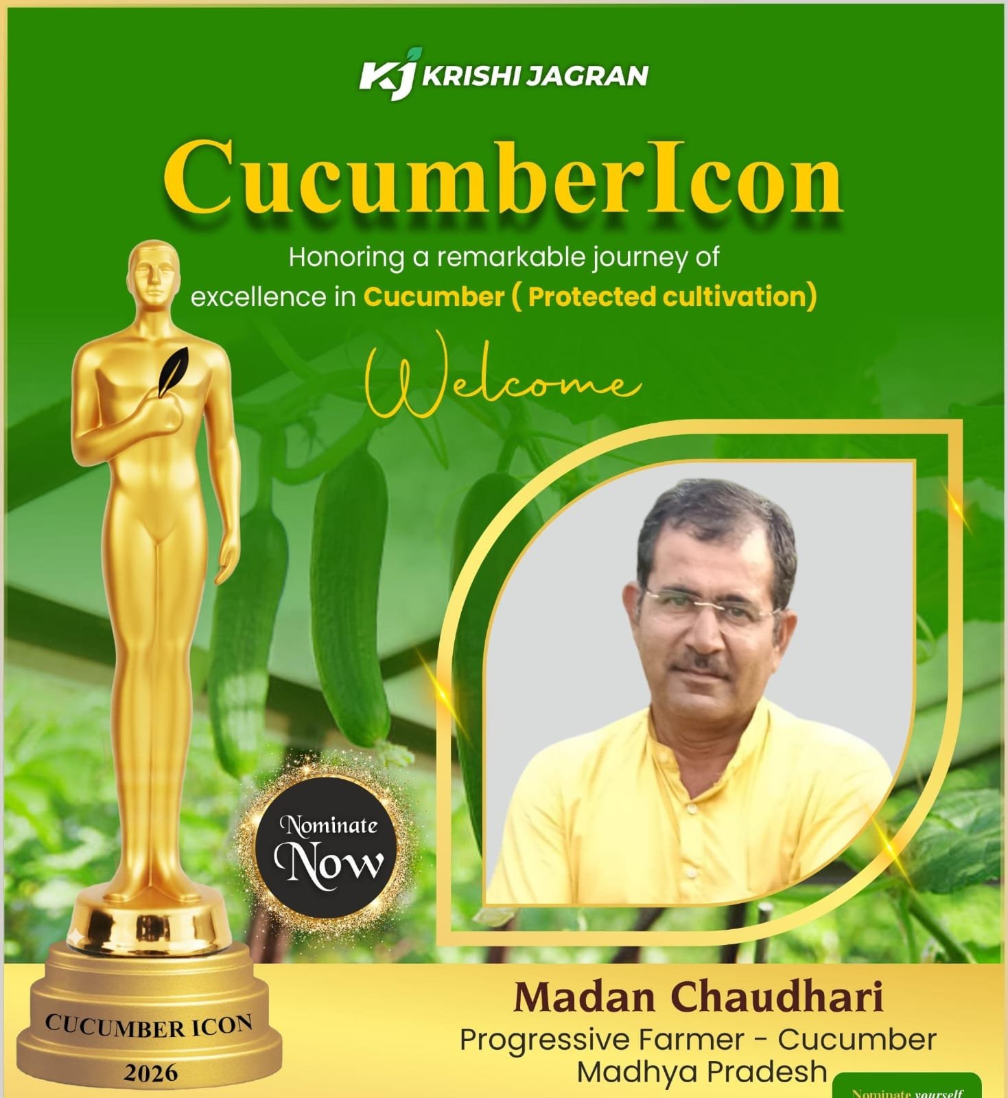 Krishi Jagran CucumberIcon recognition for Madan Chaudhari, progressive cucumber farmer